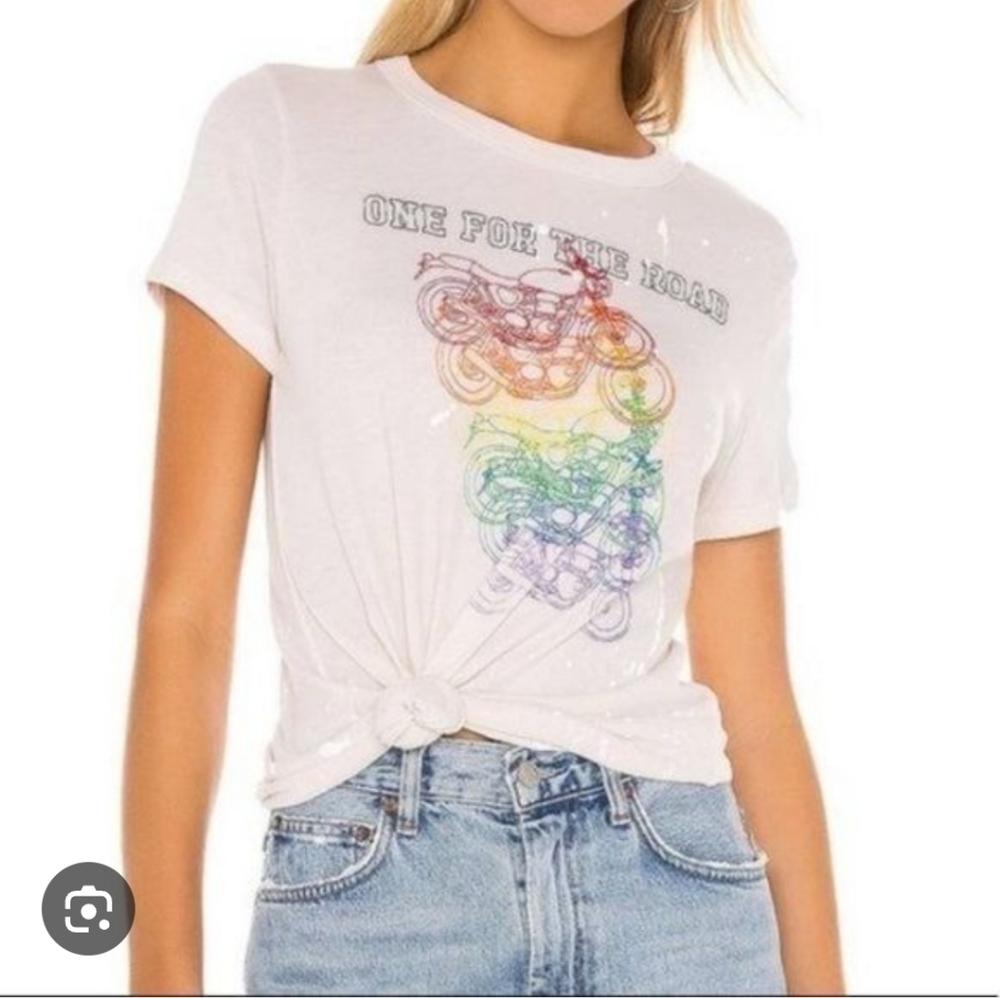 Chaser Anthropologie Cream One for the Road Motorcycle Biker Rainbow T Shirt L